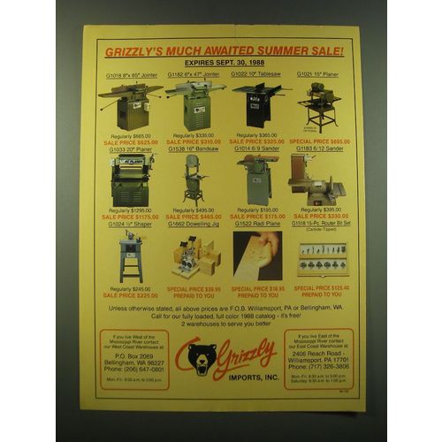 1988 Grizzly wood-Working Machinery Ad - Grizzly's much awaited summer sale!