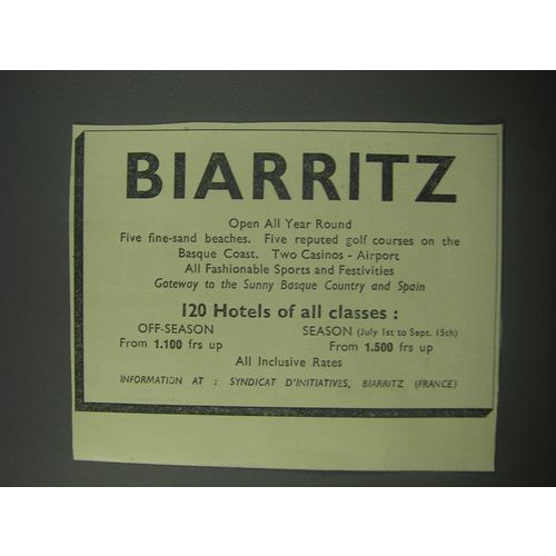1954 Biarritz France Tourism Ad - Biarritz open all year round