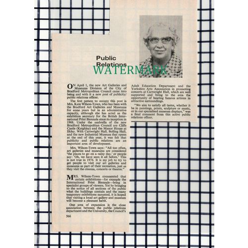 C6989) Mrs Kate Wilson-Town Bradford Art Galleries - 1974 Cutting