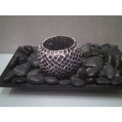 Mosaic black glass with black river stones and wood tray