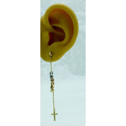 New Real 14 K Gold Multi Tone Beads Bead Chain Cross Dangle Drop Stud Earrings