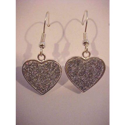Silver Heart Earrings Glitter Heart Pierced Dangle Earrings 1-1/2"
