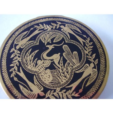Vintage Art Deco Stag Woodcut Design Powder Compact 3.5" Quatrefoil Bird & Leaf