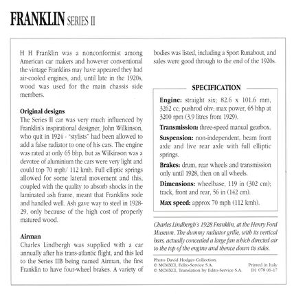 Collectors Club card. Classic Cars. Franklin Series II