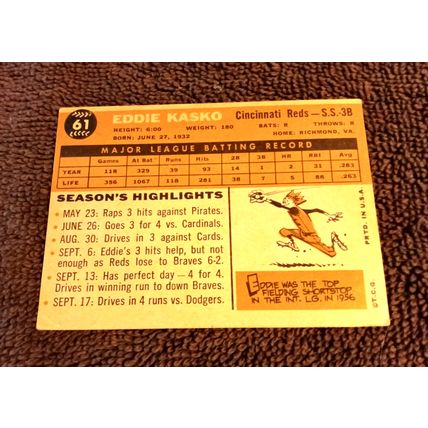 Topps 1960 # 61 Eddie Kasko 4.0 VG/EX Or Better HOF Light Crease (GC)
