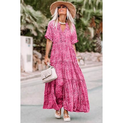 Pink Paisley Print Boho Holiday Ruffle Tiered Maxi Dress