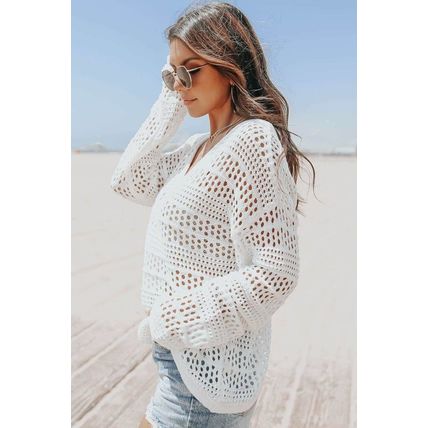 White Hollow Out Crochet V Neck Pullover Sweater