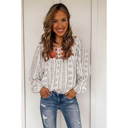 Beige Long Sleeve Embroidered Print Blouse