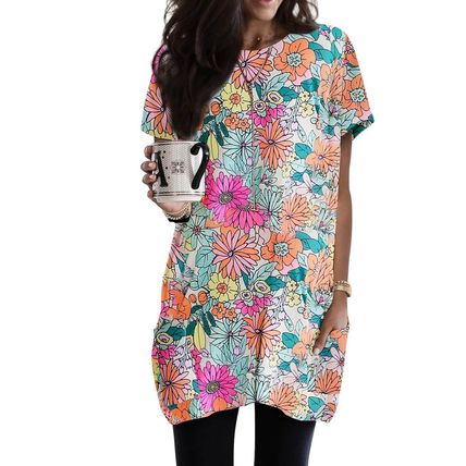 Multicolor Boho Flower Print Short Sleeve Tunic Top