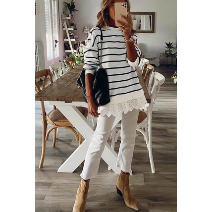 White Striped Button Dropped Shoulder Lace Splicing Top