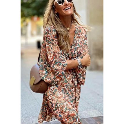 Brown Geometric Print Long Sleeve Surplice Flowy Dress