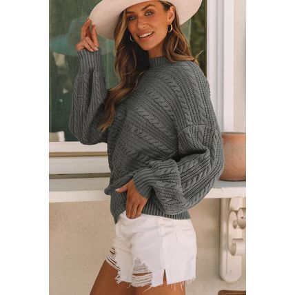 Gray Mock Neck Lantern Sleeve Cable Knit Sweater