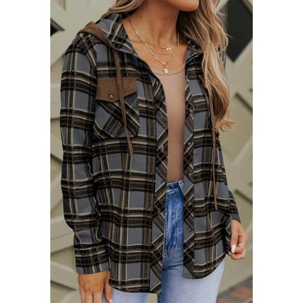 Contrast Hooded Drawstring Plaid Shacket