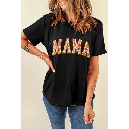 Black Flower Printed MAMA Letter Graphic T-shirt