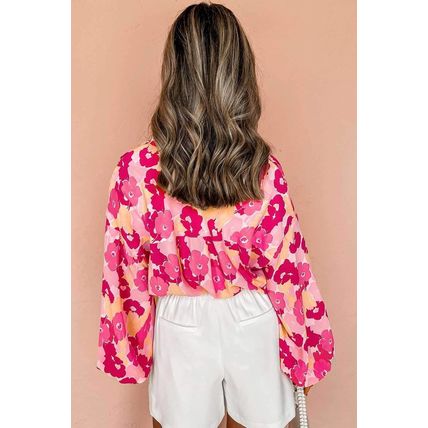 Pink Blooming Floral Print Puff Sleeve Buttoned Shirt
