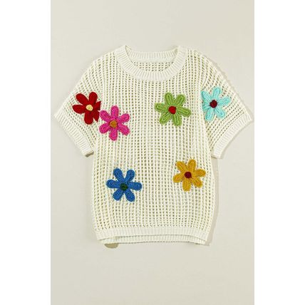White Crochet Flower Hollow-out Sweater T Shirt