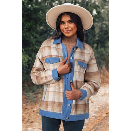 Light French Beige Plaid Patchwork Flap Detail Button Up Shacket