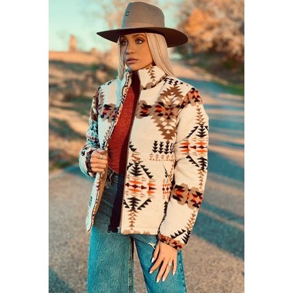 Beige Aztec Printed Stand Neck Zip Up Jacket