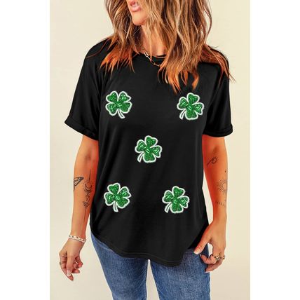 Black Four Leaf Clover Graphic St. Patricks Crewneck Tee