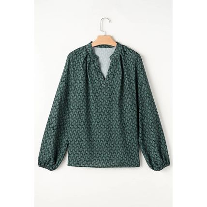 Green Geometric Print Notched Neck Puff Sleeve Blouse
