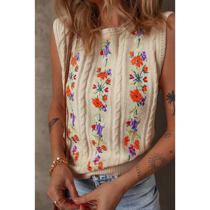 Jet Stream Embroidered Floral Cable Knit Sweater Vest