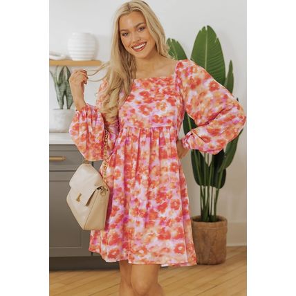 Rose Floral Print Square Neck High Waist Mini Dress