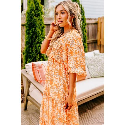 Orange Floral Print Smocked V Neck Wide Sleeve Maxi Dress