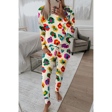 Apricot Leopard Print Long Sleeve Top and Skinny Pants Lounge Set