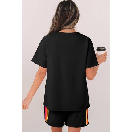 Black Striped Patch Front Casual Tee