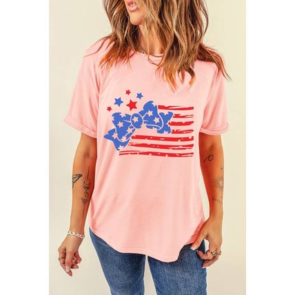 Pink Stars and Stripes Bow Knot Crew Neck T Shirt