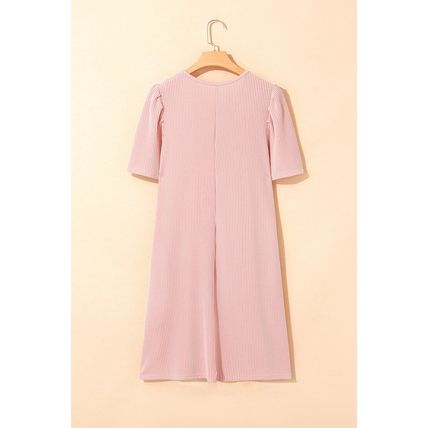 Blossom Corded Knit Crew Neck Puff Sleeve Shift Mini Dress