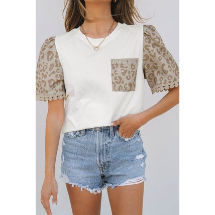 White Leopard Patchwork Crochet Lace Trim Puff Sleeve T Shirt