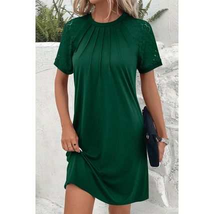 Green Contrast Lace Raglan Sleeve Pleated Detail Shift Dress
