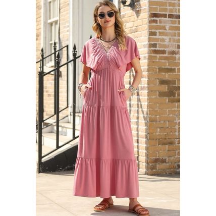 Rose Pink Textured V Neck Flutter Sleeve Ruffled Maxi Dress
