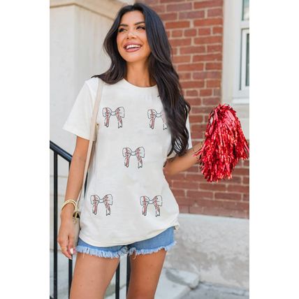 White Glitter Baseball Bow Patched Cotton Blend T Shirt