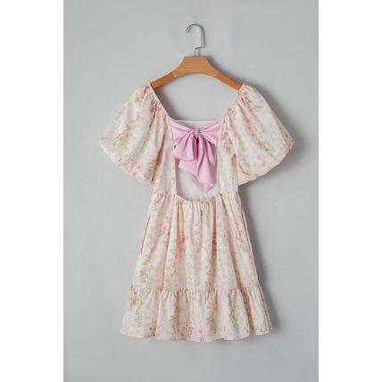 Pink Floral Puff Sleeve Square Neck Knotted Open Back Ruffled Mini Dress