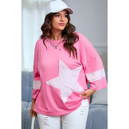 Pink Star Patched Colorblock Raw Edge Bracelet Sleeve Plus Size Loose Tee