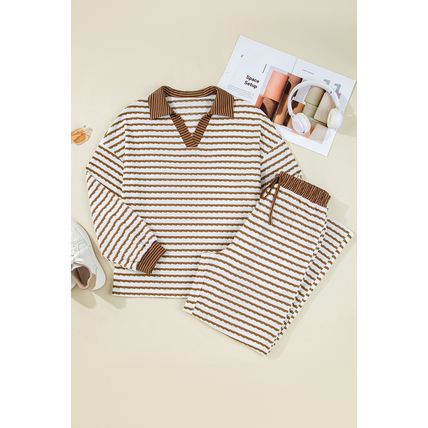 Khaki Stripe Collared Pullover Top and Drawstring Pant Set