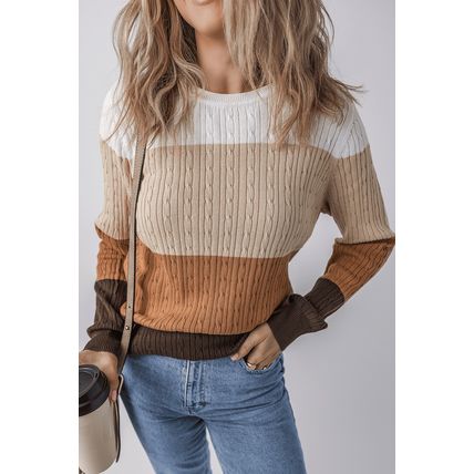 Khaki Colorblock Cable Knit Round Neck Sweater