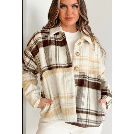 Multicolour Plaid Patchwork Side Pockets Buttoned Shacket