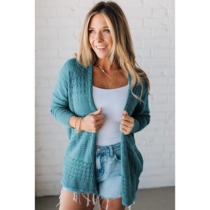 Lapis Mix Pattern Hollowed Knit Open Front Cardigan
