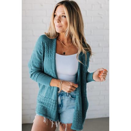Lapis Mix Pattern Hollowed Knit Open Front Cardigan