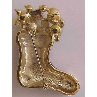 Christmas Stocking Pin Multi Color Rhinestone Enamel Holiday Sock Pin Gold 2"