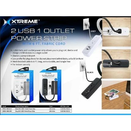 6ft. Xtreme 2 USB - 1 Outlet - Power Strip - Fabric Cord - Black