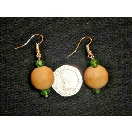 Totally unique 16mm wood & green crystal glass dangle earrings