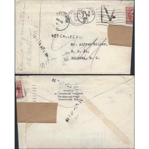 Canada Mufti Issue 1941 OPENED BY MISTAKE, RESEALED, RETURNED, Kelowna BC