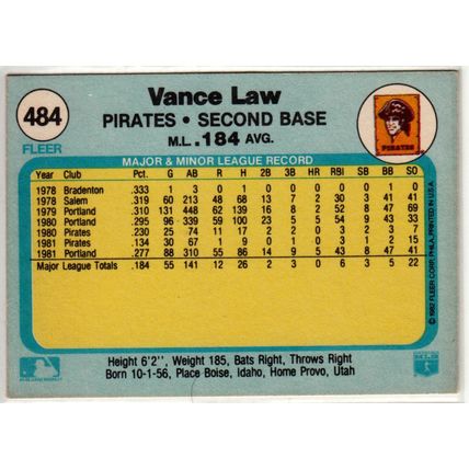 1982 Fleer baseball card 484 Vance Law– Pirates