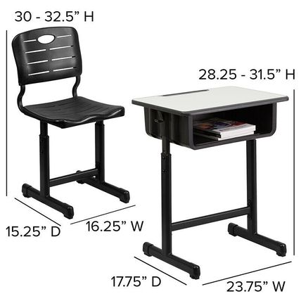 Student Desk & Chair Adjust. Hgt. Black Pedestal Frame 2 Book Bag Backpack hooks
