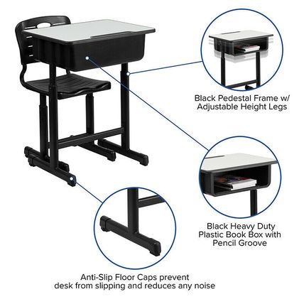Student Desk & Chair Adjust. Hgt. Black Pedestal Frame 2 Book Bag Backpack hooks