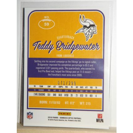 2016 Panini Optic TEDDY BRIDGEWATER (Vikings) TEAL PRIZM #59 71/299